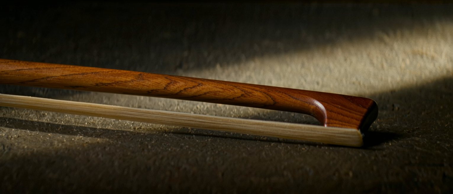 a violin bow newly rehaired and rosined, the hair pale and evenly tensioned