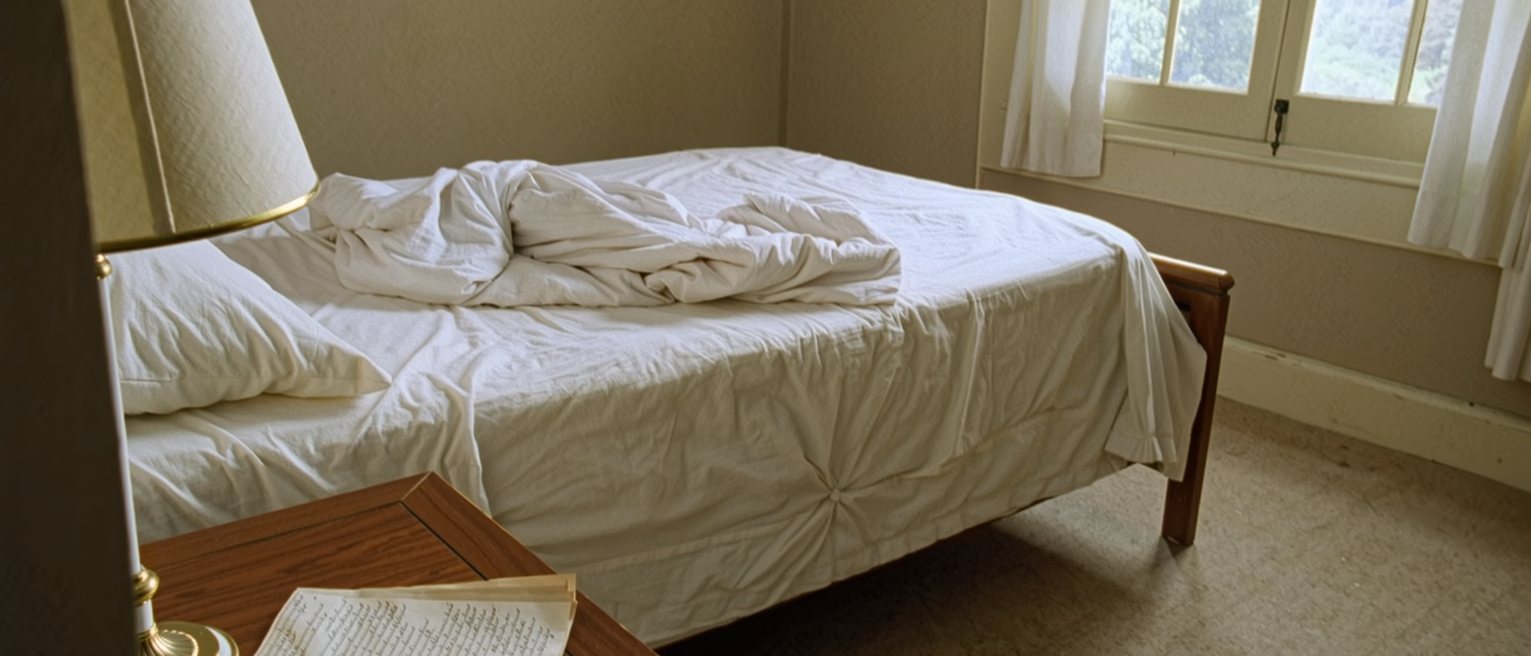 a bedside table with a written list folded in half and tucked under the lamp, and the far side of the bed turned down