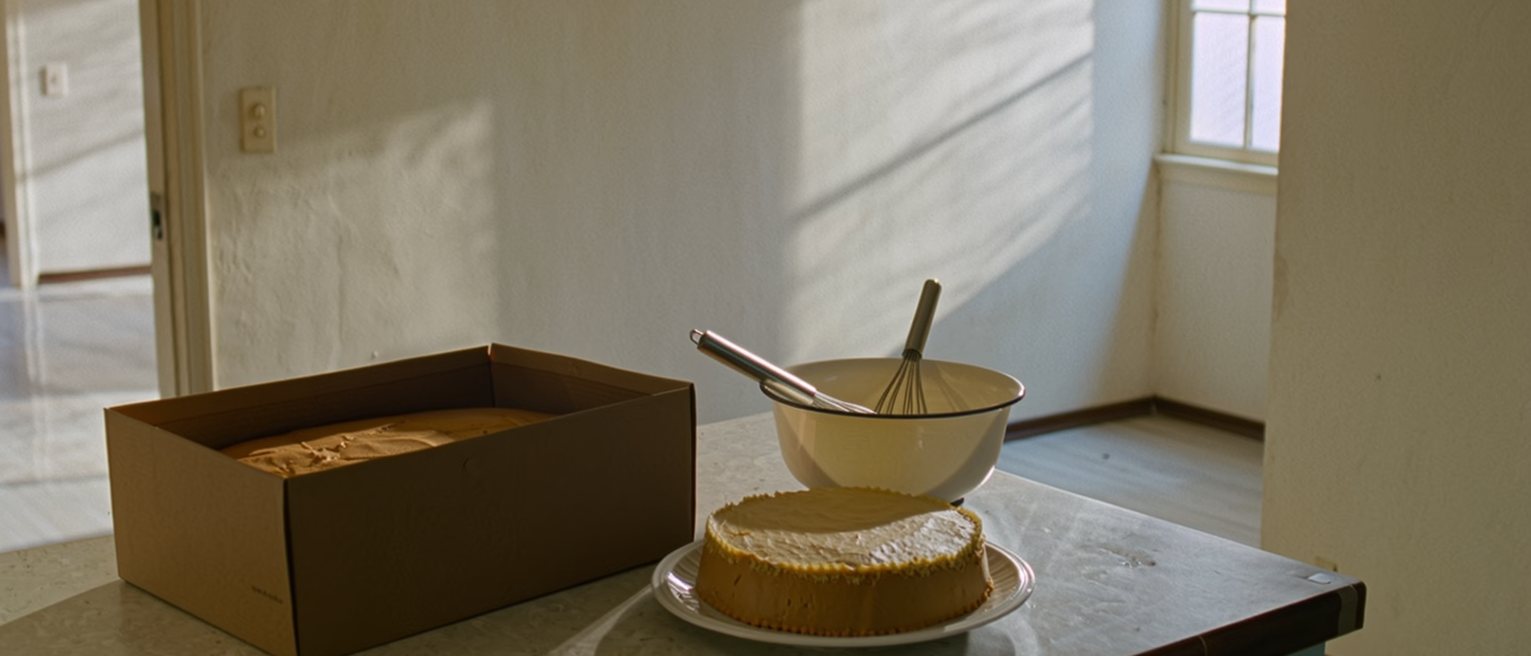 a kitchen with a cake bought and boxed on the counter beside a cake half made from scratch, the bowl and whisk still out