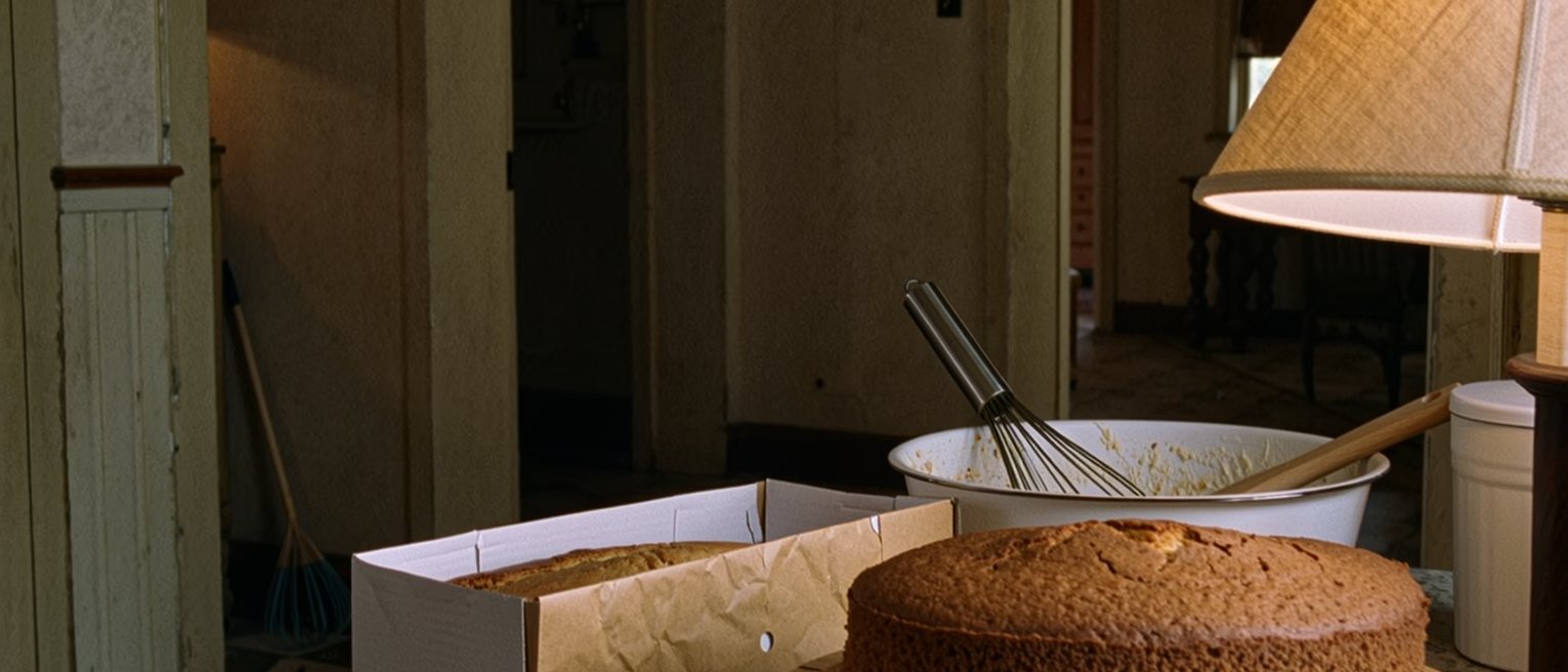 a kitchen with a cake bought and boxed on the counter beside a cake half made from scratch, the bowl and whisk still out