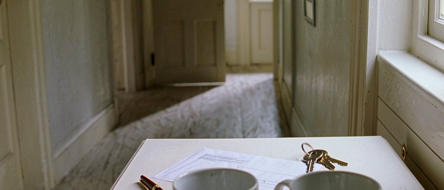 a hall table seen close with a postal survey envelope opened, its form filled and a pen, two mugs and a set of keys, the door soft behind