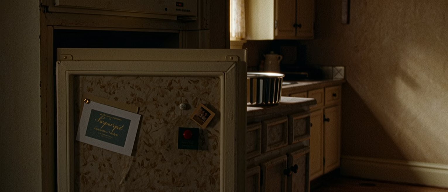 a kitchen seen close with a fridge door crowded with an invitation, a pinned postcard and two magnets, a cake tin on the counter and the window soft behind