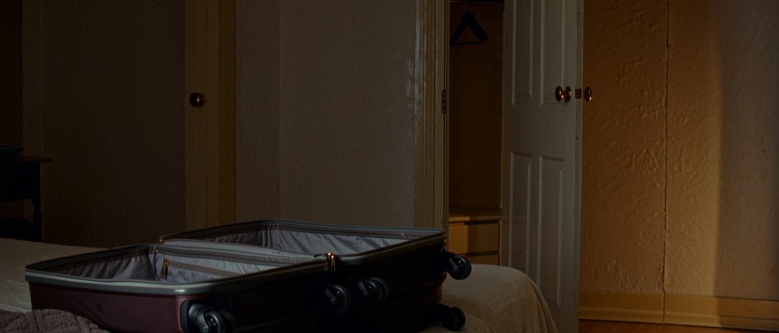 a bedroom with a suitcase open on the bed and nothing yet in it, a wardrobe door standing open