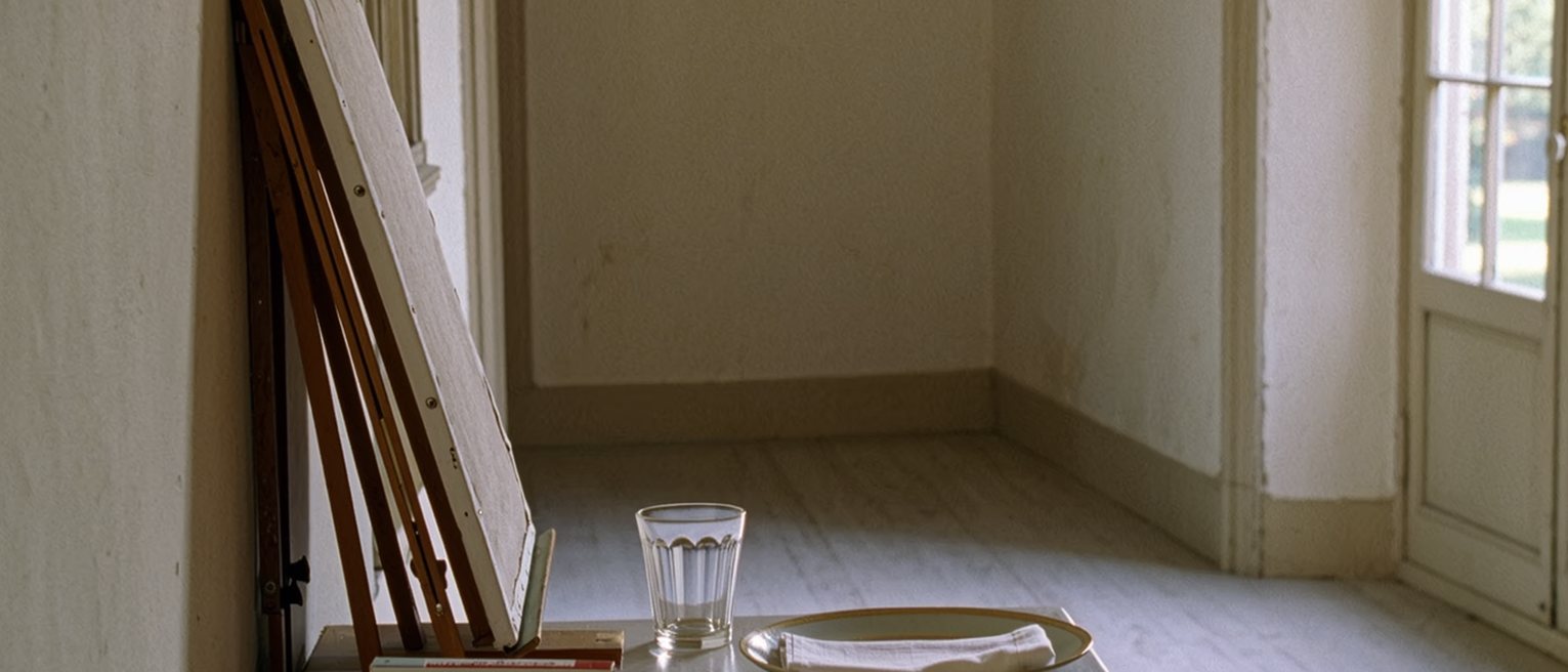 a room with an easel folded against the wall, a box of paints still sealed, and a single place laid at the table