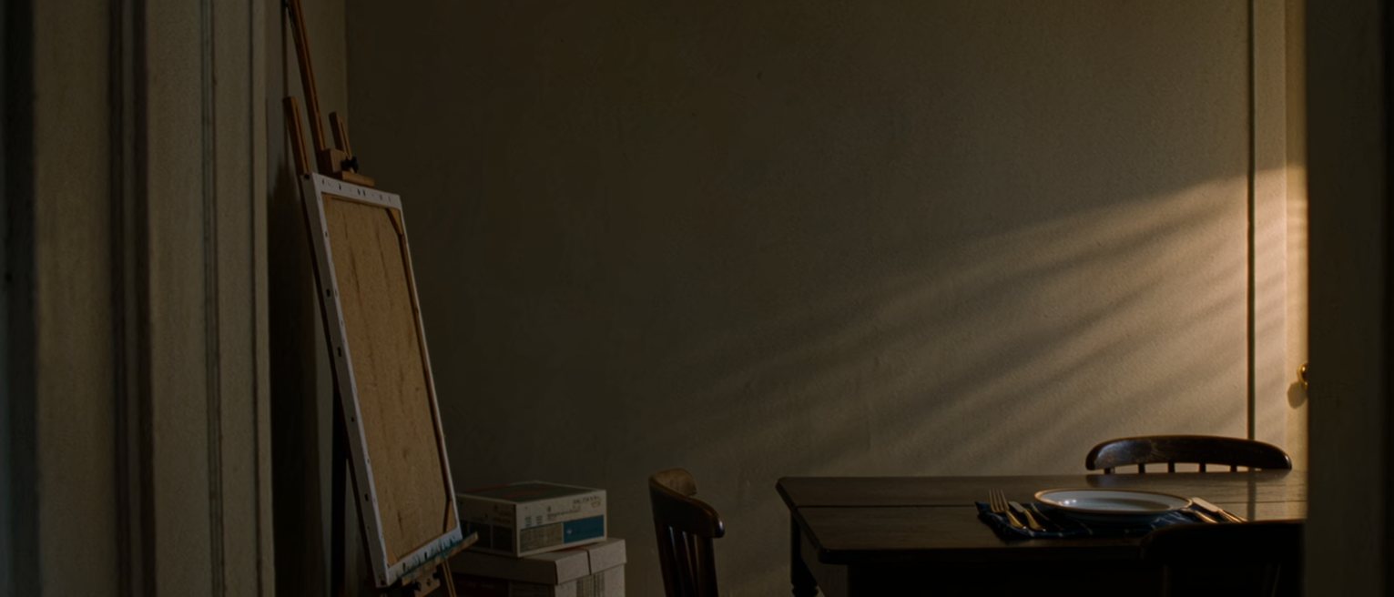 a room with an easel folded against the wall, a box of paints still sealed, and a single place laid at the table