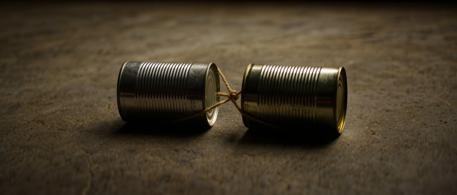 two tin cans joined by a waxed string pulled taut between them