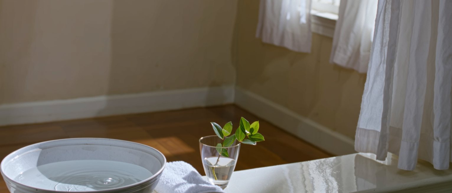 a windowsill seen close with a bowl of water and a folded white towel beside it, a sprig of green in a glass, the curtain moving a little in the draught behind