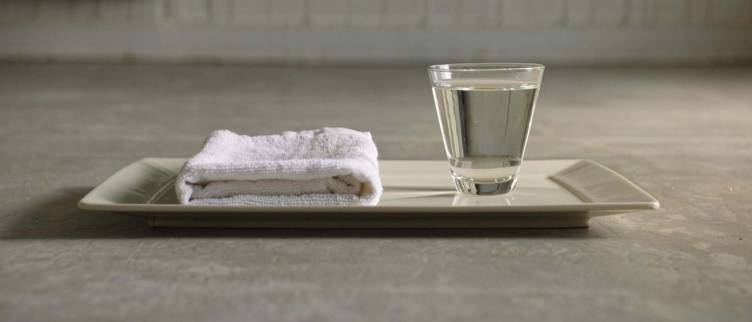 a folded towel and a glass of water set out together on a low tray