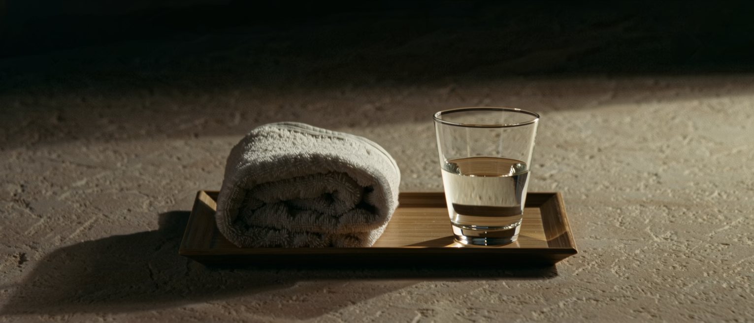 a folded towel and a glass of water set out together on a low tray