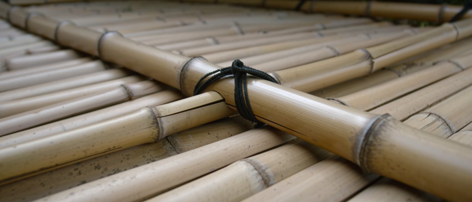 a low garden fence of split bamboo tied with black cord, every joint bound