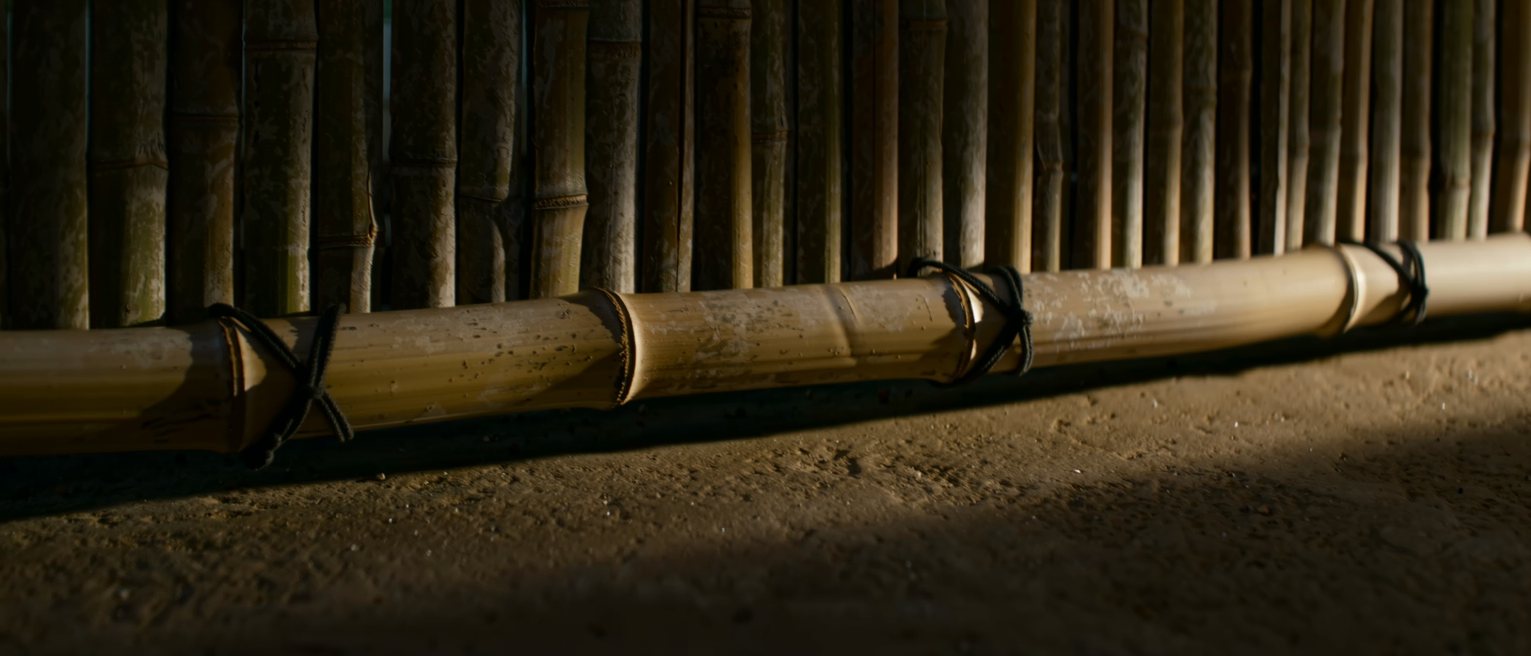 a low garden fence of split bamboo tied with black cord, every joint bound