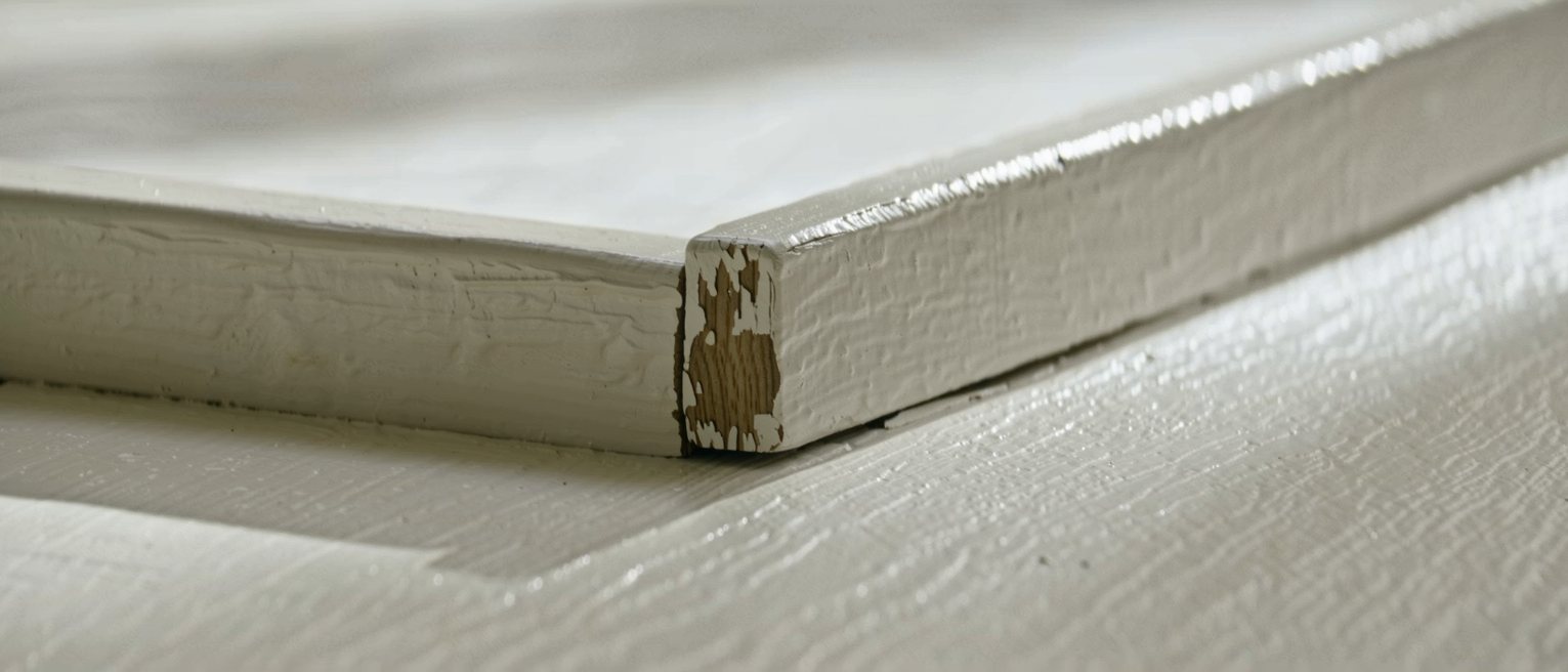 a painted porch rail with the paint whole on one side of a joint and flaked away on the other