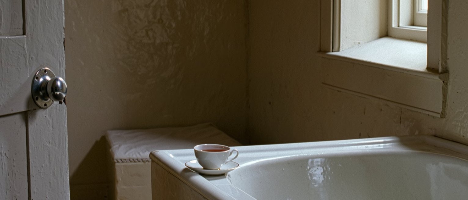 a bathroom with the bolt drawn and a bath run, a cup of tea on the edge and a book beside it, nothing else asked of the hour