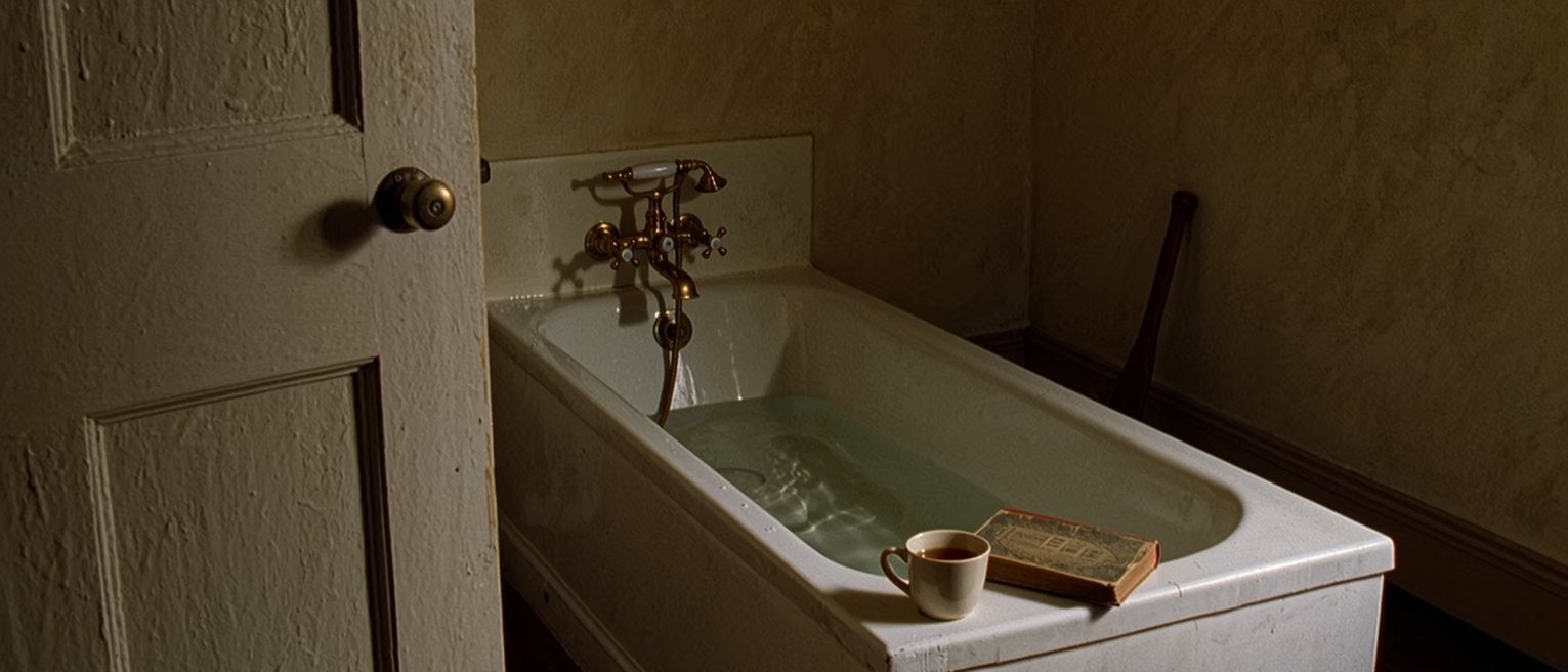 a bathroom with the bolt drawn and a bath run, a cup of tea on the edge and a book beside it, nothing else asked of the hour