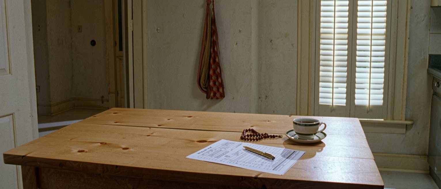 a kitchen table seen close with a census form filled in pen, a rosary and a cup of coffee, a hammock hook on the wall and the window shutters soft behind