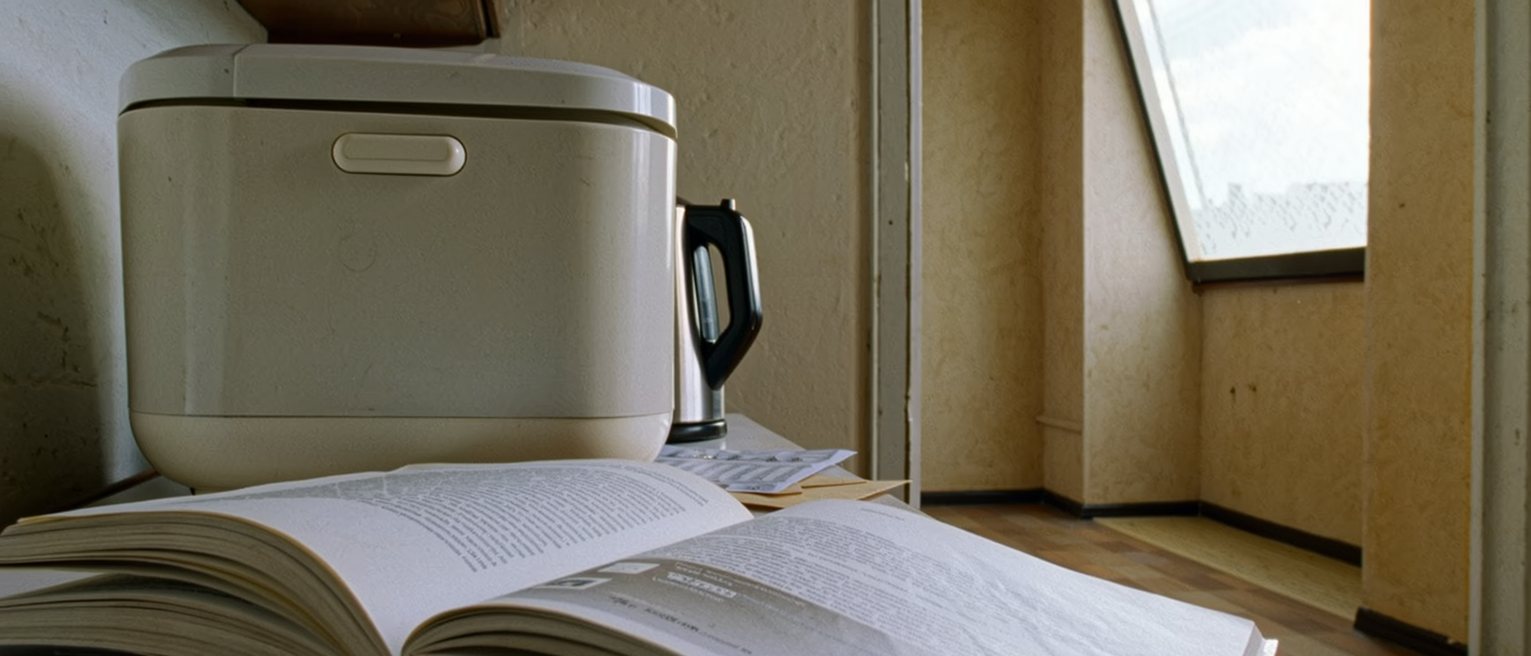 a kitchen table seen close in a small flat with a paperback open face down, a pay envelope and a leaflet from a clinic beside it, a rice cooker and a kettle close behind