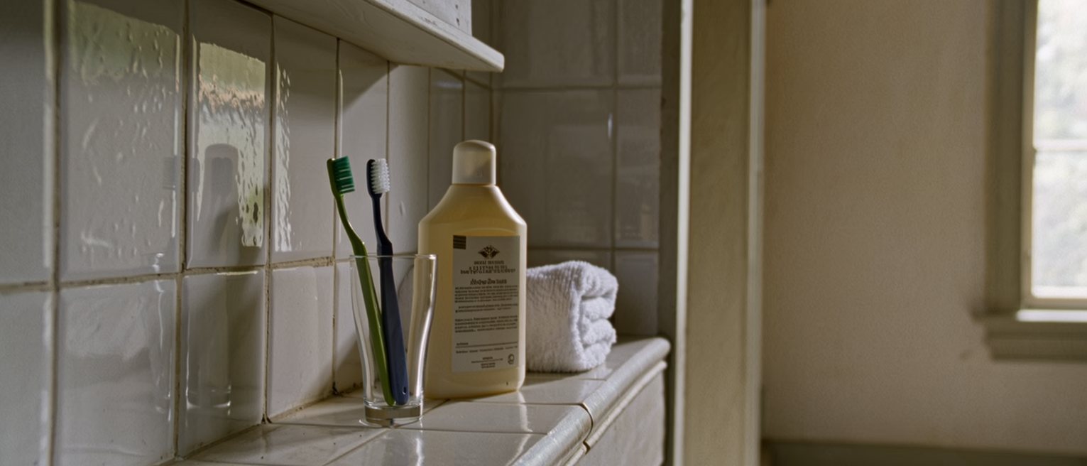 a bathroom shelf seen close with a child's toothbrush and a grown one in the same glass, a bottle of shampoo and a folded towel, the tiled wall soft behind