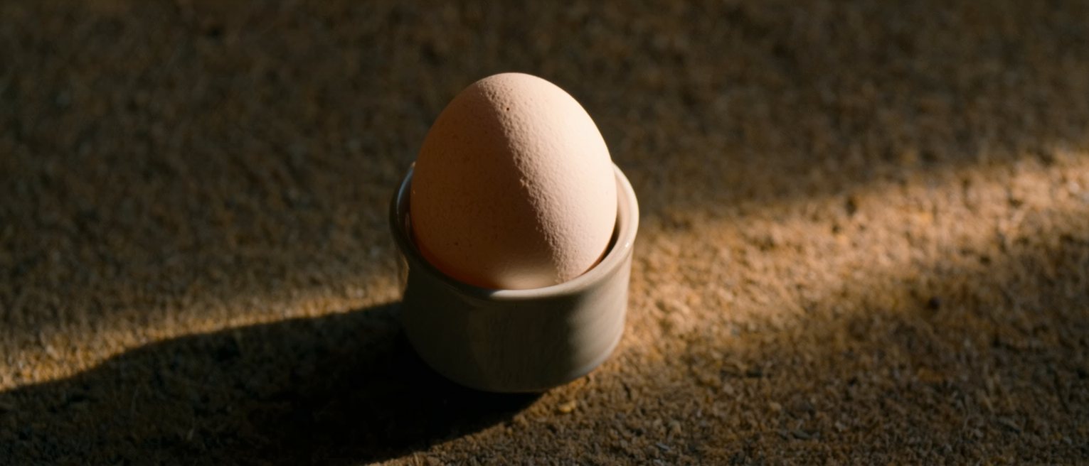 a hen's egg standing in a small ceramic cup