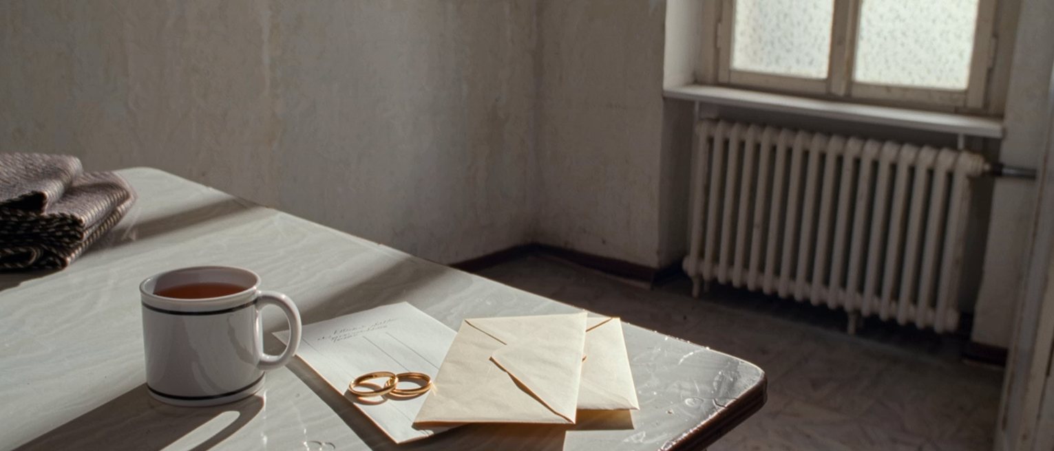 a kitchen table seen close in a snowbound flat with a legal envelope opened beside a ring of keys, a mug of tea and a folded scarf, the radiator and the frosted window soft behind