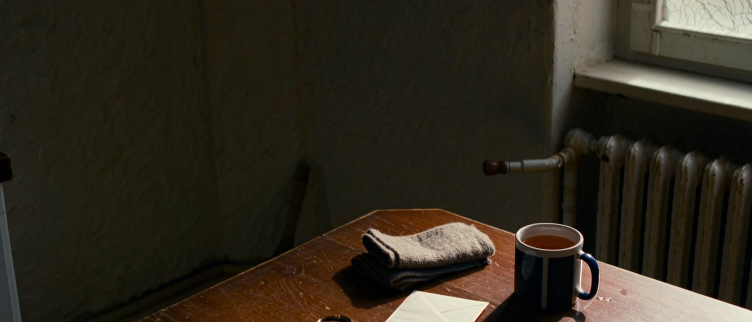 a kitchen table seen close in a snowbound flat with a legal envelope opened beside a ring of keys, a mug of tea and a folded scarf, the radiator and the frosted window soft behind