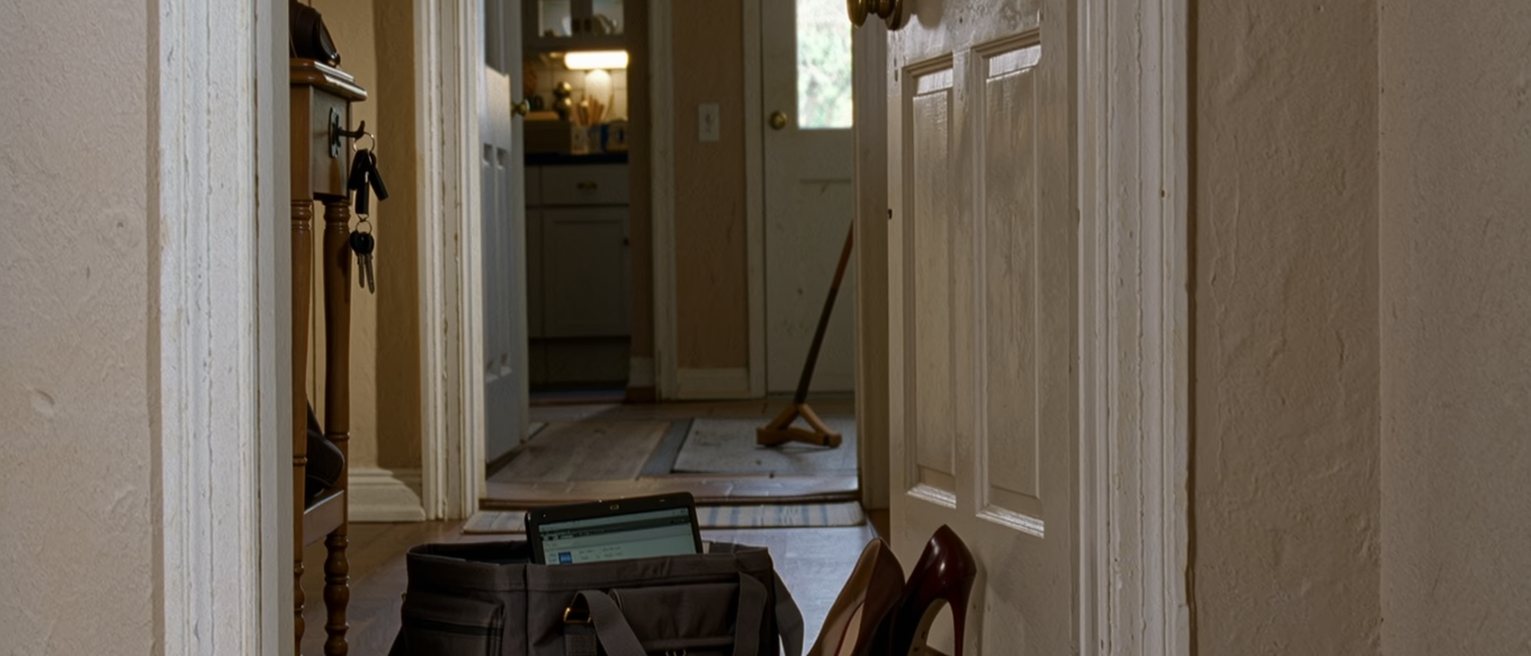a hall seen close with a work bag dropped by the door still open with its laptop shut inside, a set of keys on the console and a pair of heels stepped out of, the lit kitchen doorway soft behind