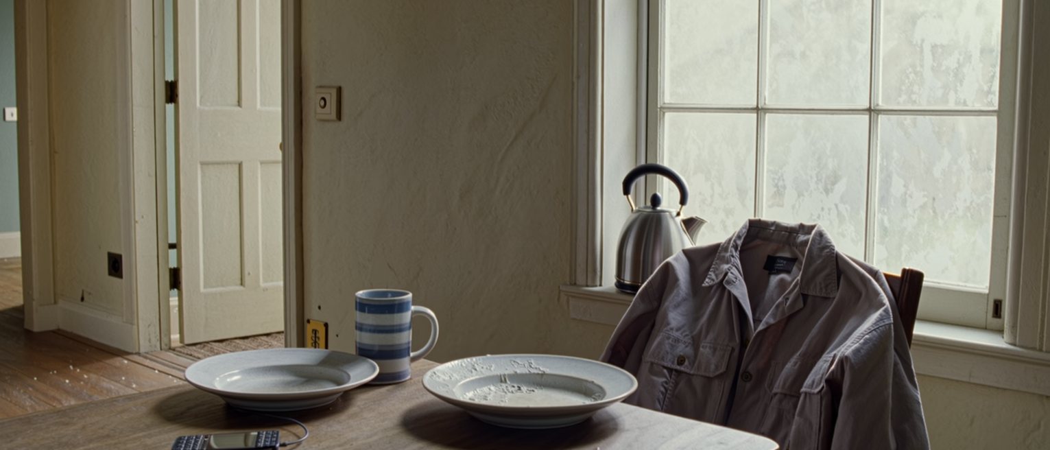 a kitchen seen close with two plates left unwashed on the table, a phone charging beside a mug and a folded work blouse on the chair, the window and the kettle close behind