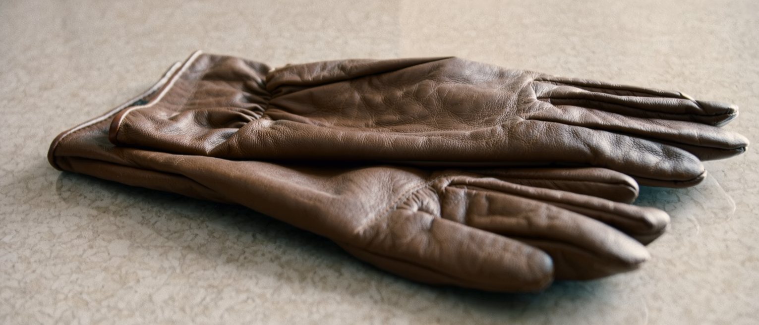 a pair of leather gloves left lying on a shop counter