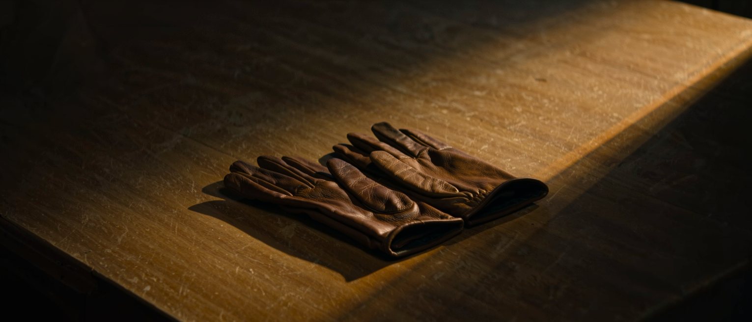 a pair of leather gloves left lying on a shop counter