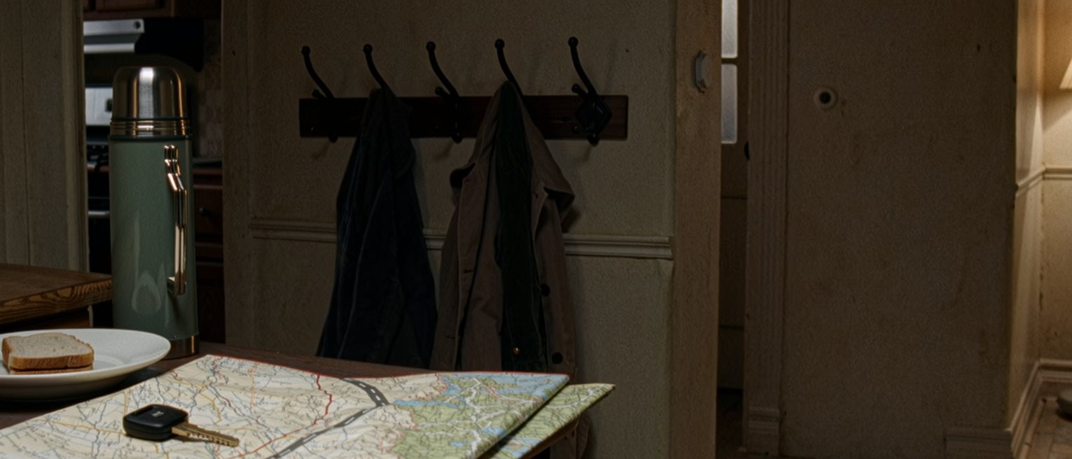 a ranch kitchen seen close with a truck key on the table beside a folded map with a long road traced in pen, a thermos and a plate with one sandwich, the saddle rack and the coats close behind