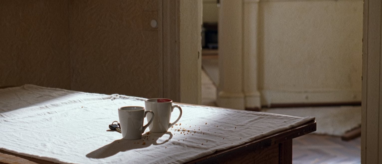 a kitchen table with two coffee cups, one with lipstick on the rim, and a set of car keys, crumbs still on the cloth