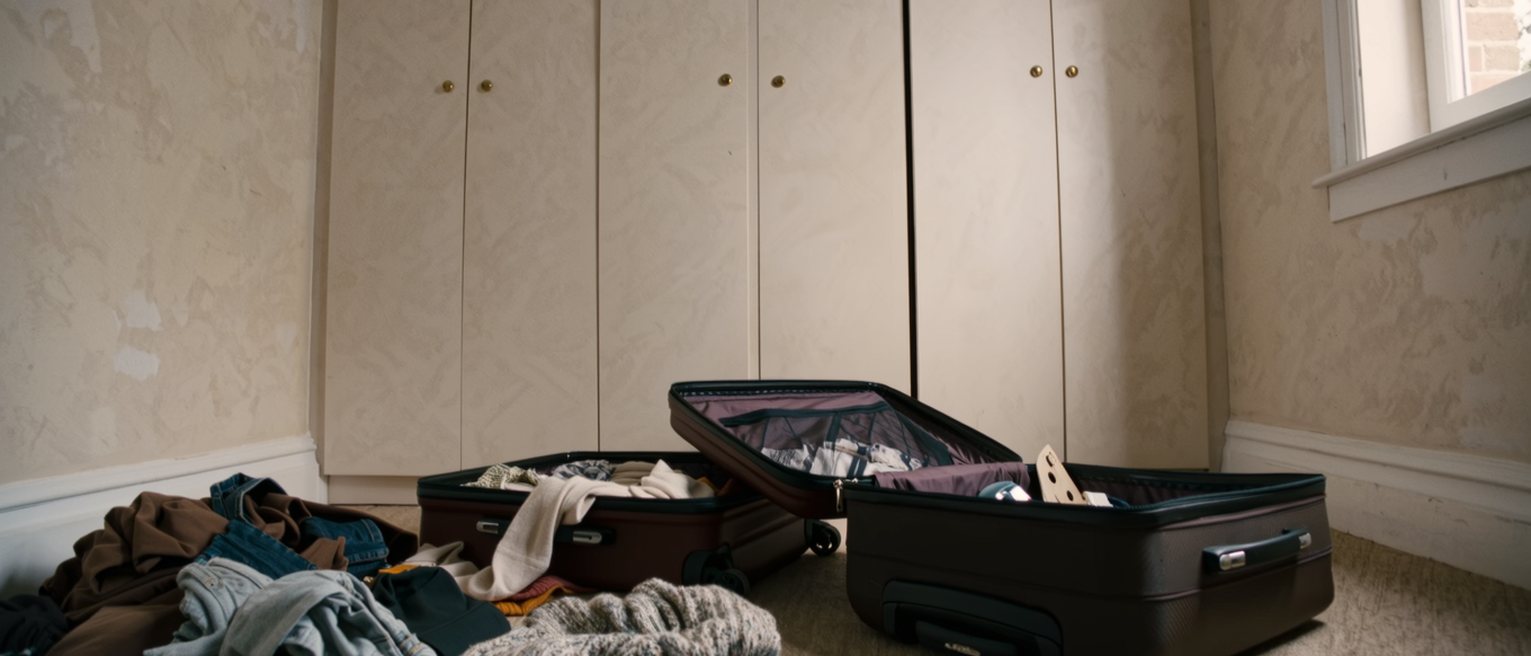 a bedroom with two suitcases open side by side and the contents already mixed, one wardrobe shared down the middle