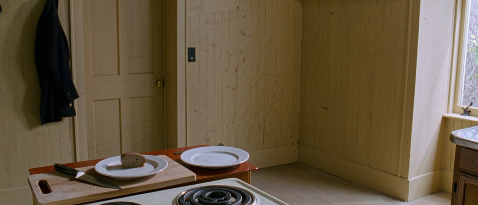 a kitchen with dinner for two half cooked and the hob turned off, the knife set down mid-slice, a coat gone from the hook by the door
