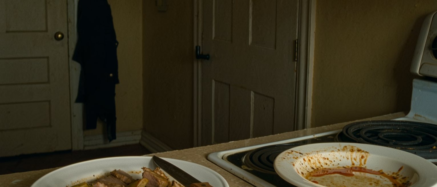a kitchen with dinner for two half cooked and the hob turned off, the knife set down mid-slice, a coat gone from the hook by the door