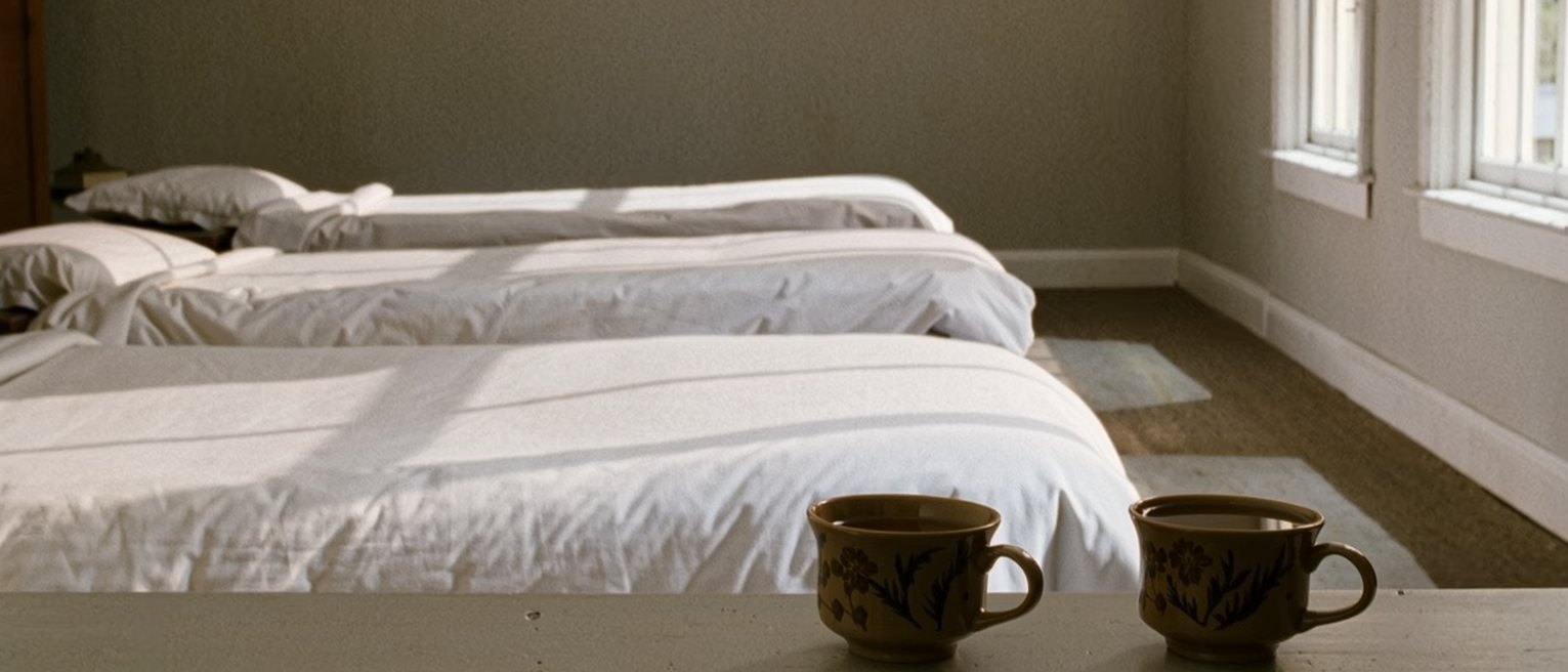 a bedroom with the covers turned down and then pulled straight again, two cups of tea carried in and set on the window sill