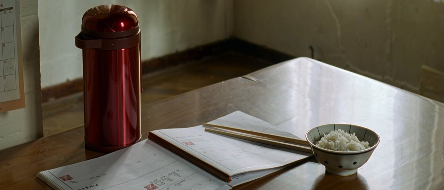 a kitchen table seen close with a family planning booklet open beside a printed permit stamped in red, a bowl of rice and a single pair of chopsticks, a red thermos and the wall calendar soft behind