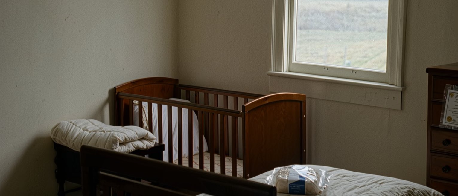a bedroom seen close with a cot assembled beside a double bed, a folded quilt and a pack of nappies still sealed, a housing certificate in a plastic sleeve on the dresser, the window close behind