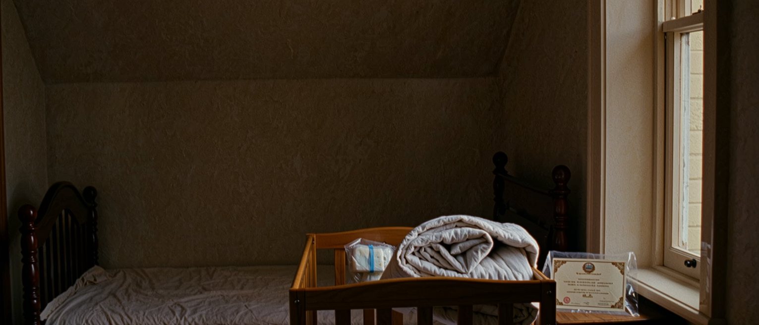 a bedroom seen close with a cot assembled beside a double bed, a folded quilt and a pack of nappies still sealed, a housing certificate in a plastic sleeve on the dresser, the window close behind