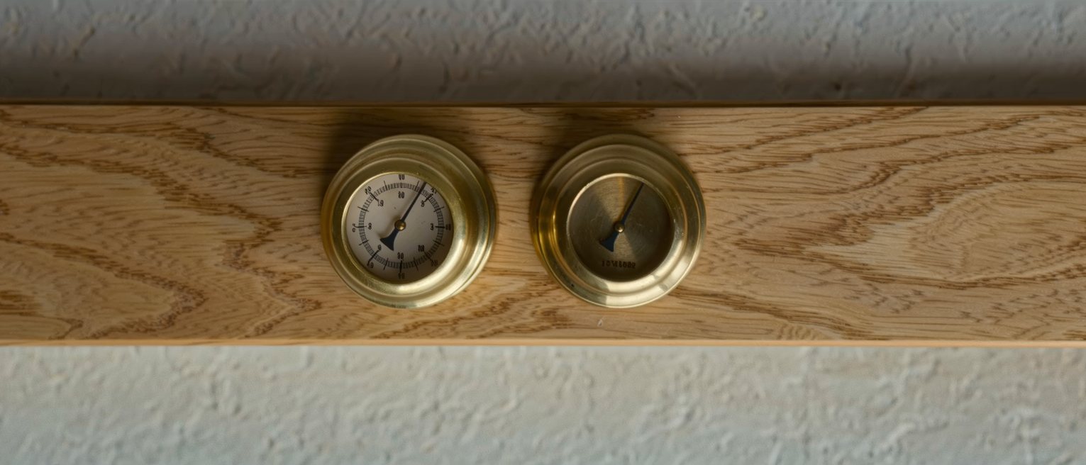 a brass thermometer and a brass hygrometer mounted side by side on an oak board, both dials plain and unnumbered