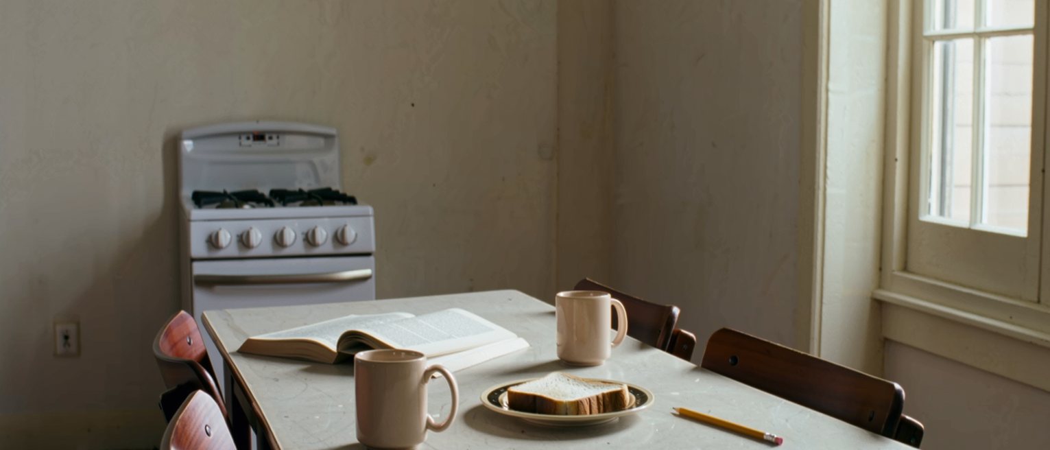 a kitchen table seen close with two mugs and a shared plate of toast, a paperback open with a pencil in the fold, the two chairs pulled in close together and the stove soft behind