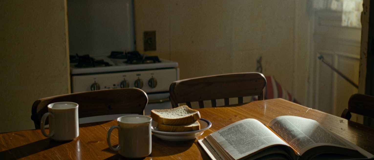 a kitchen table seen close with two mugs and a shared plate of toast, a paperback open with a pencil in the fold, the two chairs pulled in close together and the stove soft behind