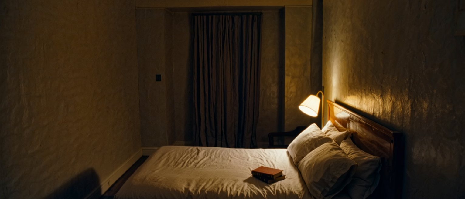 a bedroom seen close with the bed made and turned down on both sides, two books on the near pillow, a lamp with its shade tilted toward the bed and the curtains drawn behind