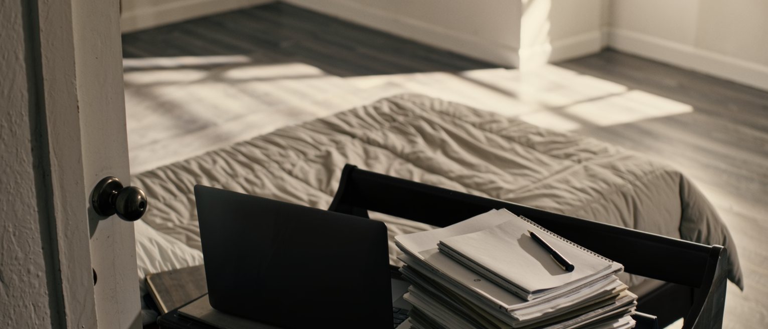 a desk at home with a laptop closed on a neat stack of folders and a pen laid dead square to the edge, and beyond it a bed with the covers never turned down