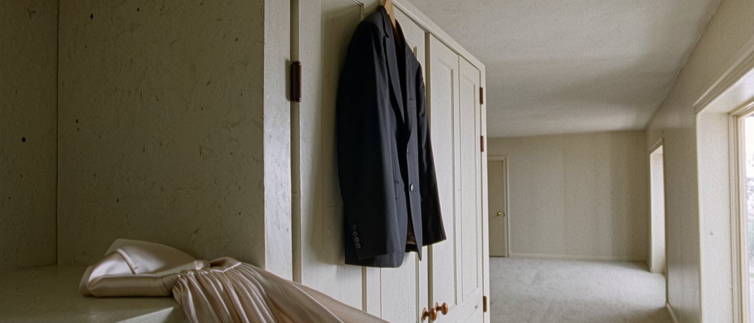 a bedroom where a suit is hung ready on the wardrobe door and a silk slip has been folded and put away on a shelf