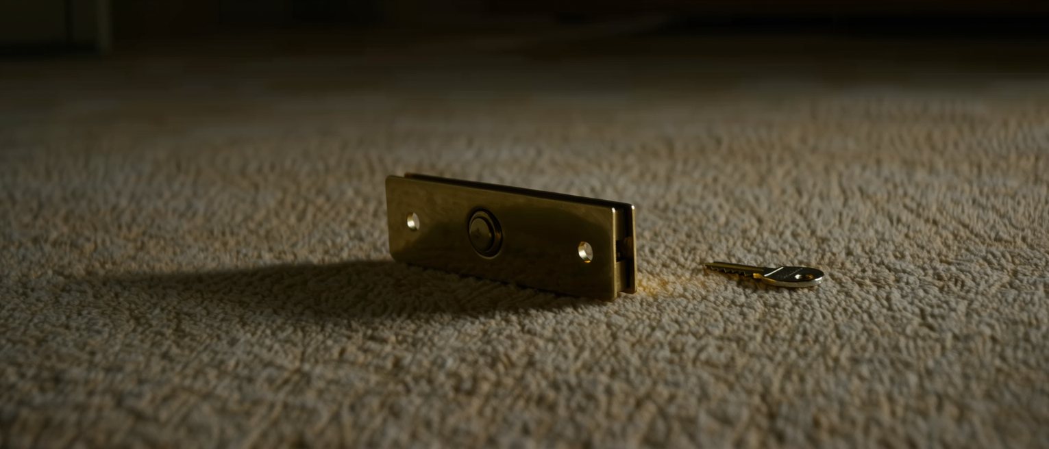 a brass door latch resting half engaged, free to move either way