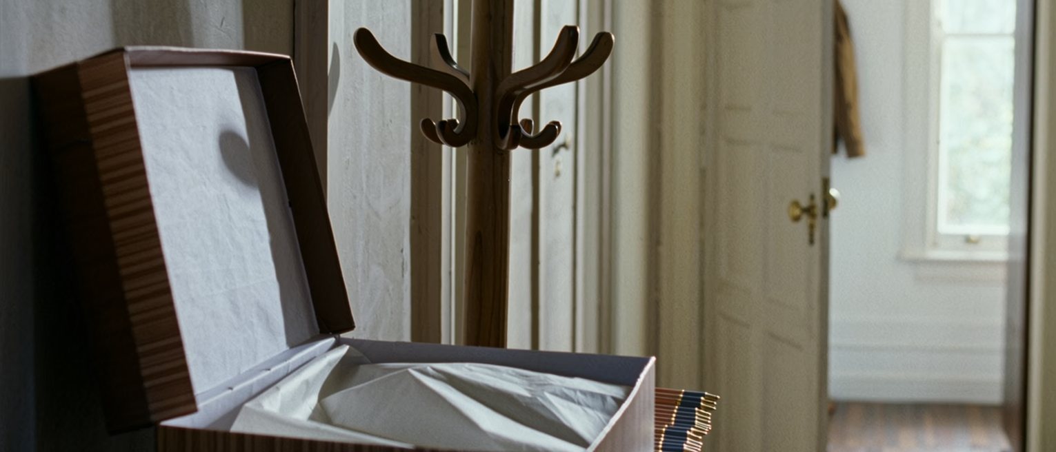 a hall table seen close with an empty gift box, its lid off and tissue paper folded inside, and beside it a tidy row of identical pens, the coat rack soft behind