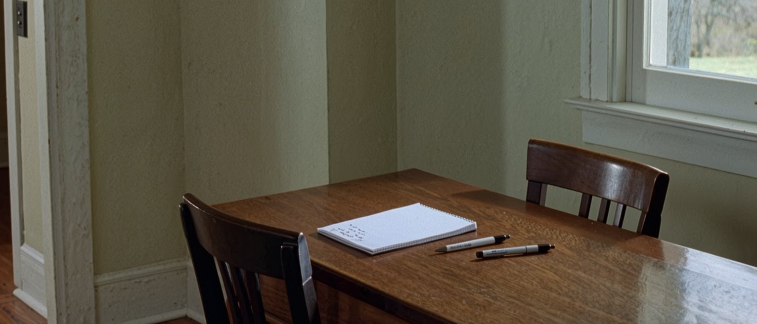 a kitchen table with a notepad on which one line has been written and the rest left blank, two pens, and two chairs pulled in close to the same corner