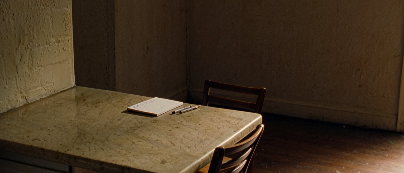 a kitchen table with a notepad on which one line has been written and the rest left blank, two pens, and two chairs pulled in close to the same corner