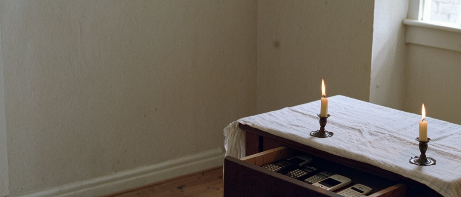 a dining table in an ordinary flat laid as if for company with nobody invited, the good cloth out, two candles, the phones put away in a drawer left ajar