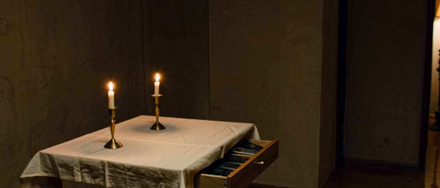 a dining table in an ordinary flat laid as if for company with nobody invited, the good cloth out, two candles, the phones put away in a drawer left ajar