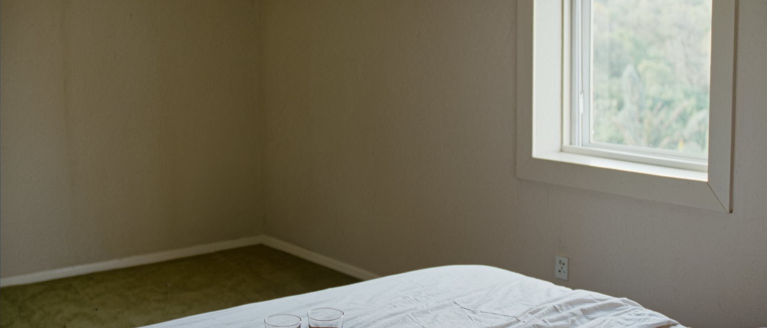 a bedroom made up like a room away from home: fresh sheets, the clutter cleared, a tray with two glasses set down on the end of the bed
